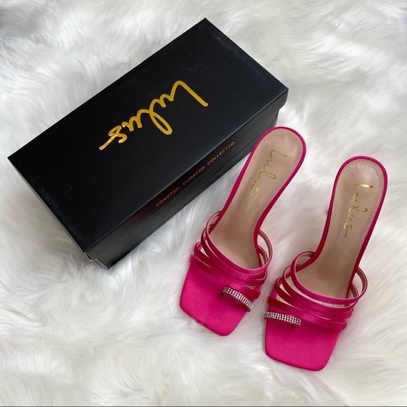 NIB Lulu’s Size 8 Hot Pink Satin Y2K Square Toe Heels with Rhinestones - Picture 5 of 10